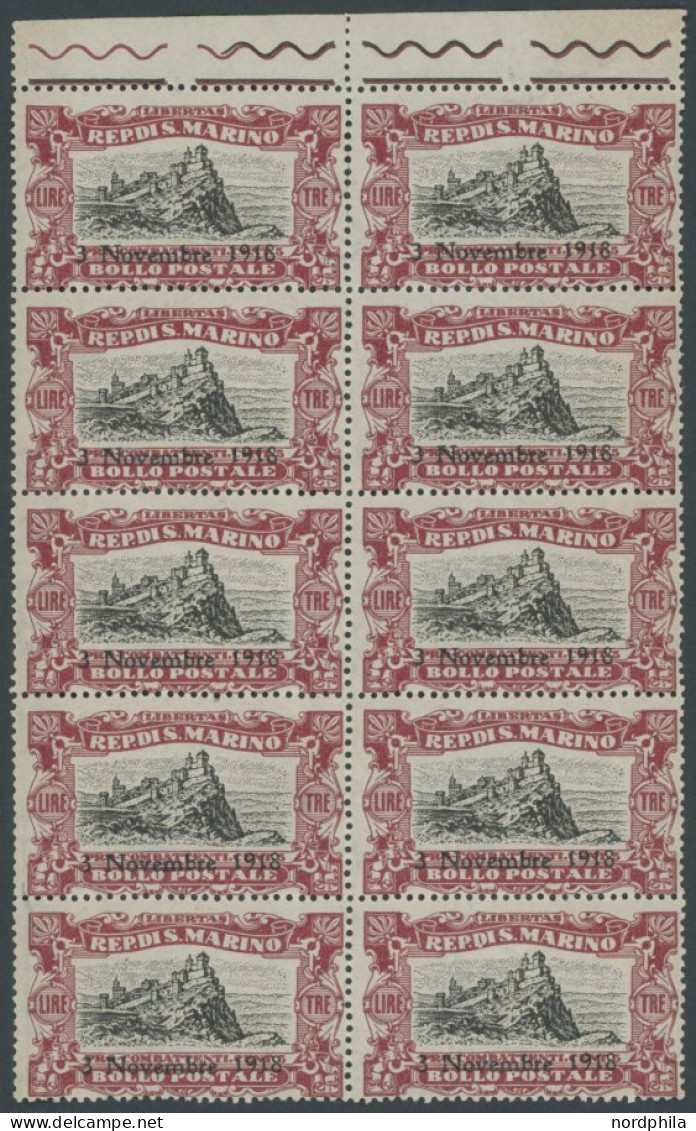 SAN MARINO 67 , 1918, 3 L. Karmin/schwarz Im Postfrischen Zehnerblock, Teils Leicht Angetrennt, Pracht, Mi. (300.-) - Sonstige & Ohne Zuordnung