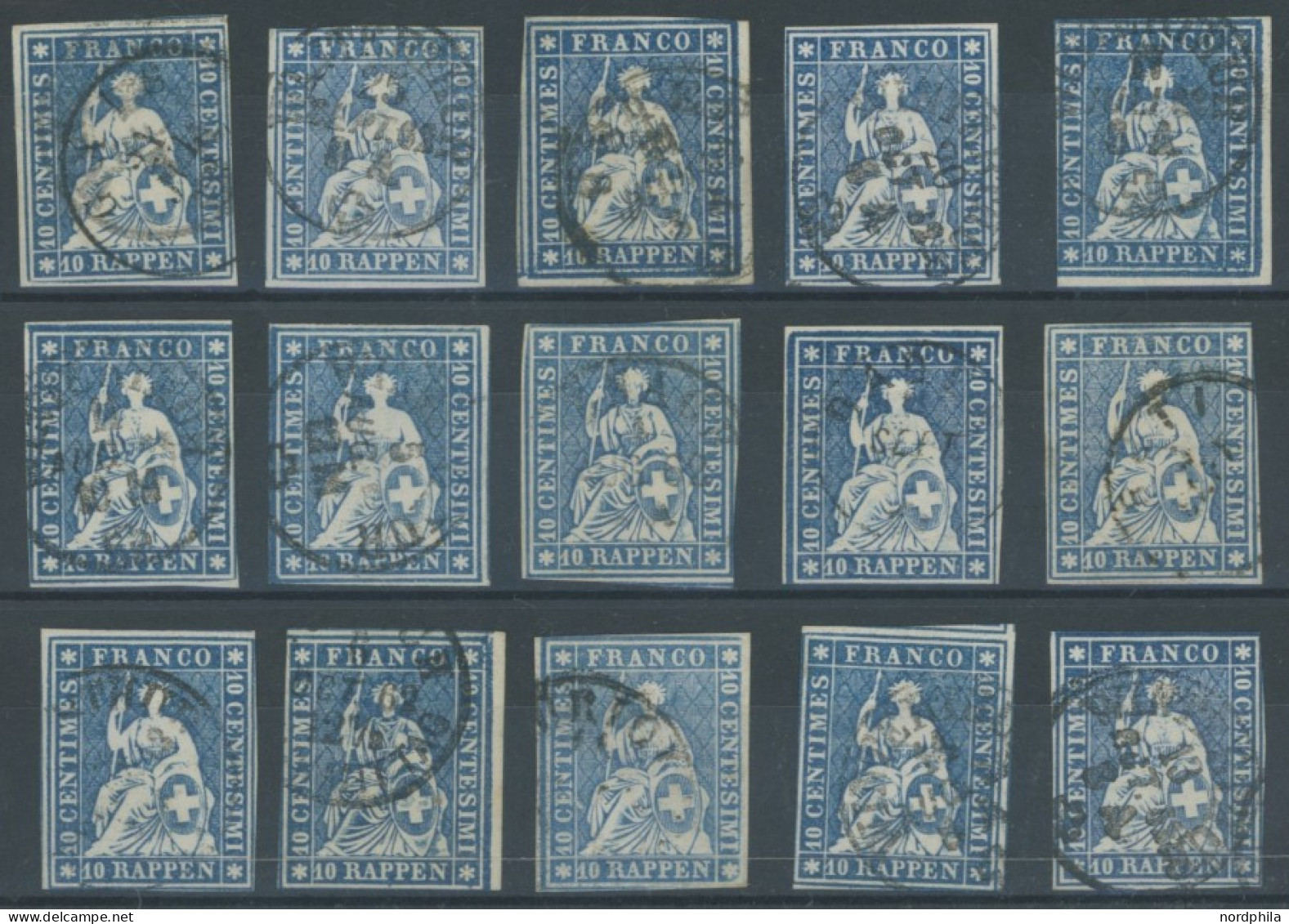 SCHWEIZ BUNDESPOST 14IIBym O, 1859, 10 Rp. Lebhaftblau, Berner Druck III, (Zst. 23G), 15 Prachtwerte In Nuancen - Autres & Non Classés