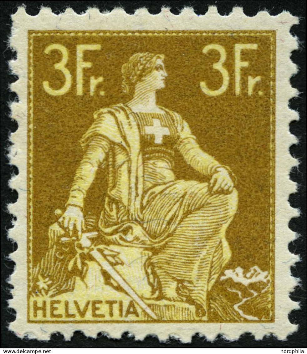 SCHWEIZ BUNDESPOST 110 , 1908, 3 Fr. Schwärzlichgraugelb/mattgelb, Rauhe Zähnung, Falzreste, Pracht, Mi. 320.- - Ongebruikt