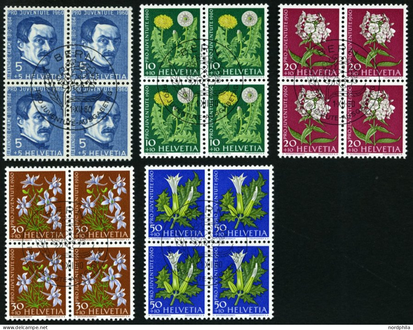 SCHWEIZ BUNDESPOST 722-26 VB O, 1960, Pro Juventute In Viererblocks Mit Zentrischen Ersttagsstempeln, Prachtsatz - Used Stamps