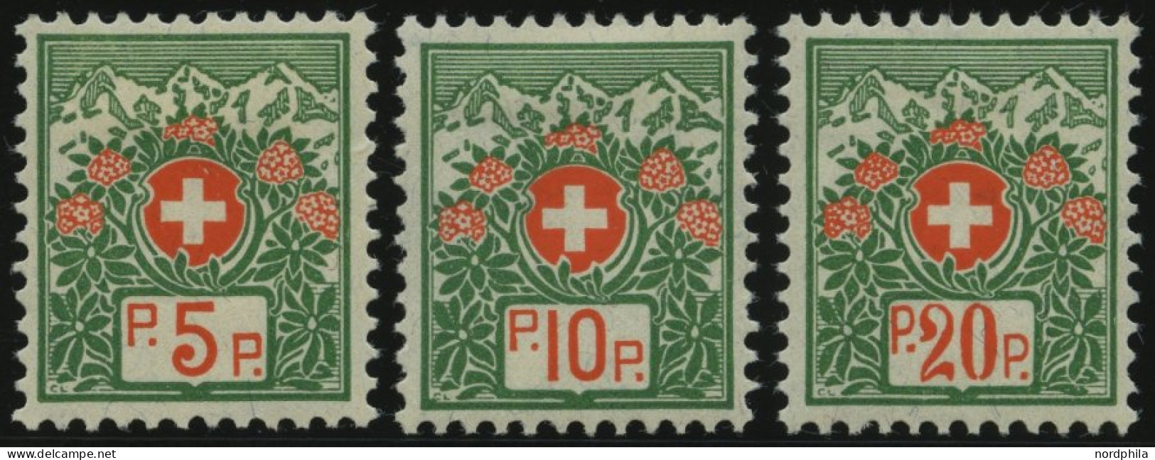 PORTOFREIHEITSMARKEN PF 11-13II , 1927, Alpenrosen, Ohne Kontrollnummer, Falzreste, Prachtsatz - Franchise