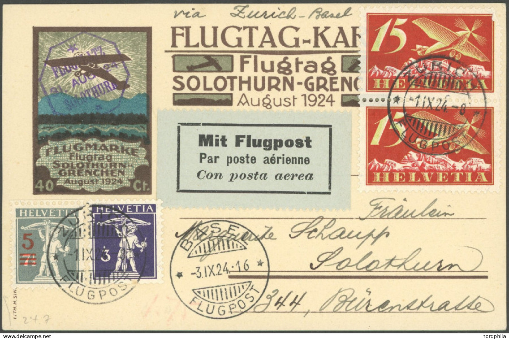 LUFTPOST SF 24.7 BRIEF, 31.8.1924, Flugtag SOLOTHURN-GRENCHEN Mit Stempel ZÜRICH 1.9.24 Auf Flugkarte Mit 40 Rp. Eindruc - First Flight Covers