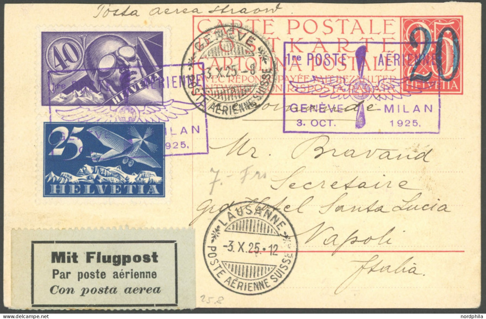 LUFTPOST SF 25.8 BRIEF, 3.10.1925, GENEVE-LAUSANNE, Frankiert Mit Mi.Nr. 180 Und 182, Prachtkarte - Primi Voli