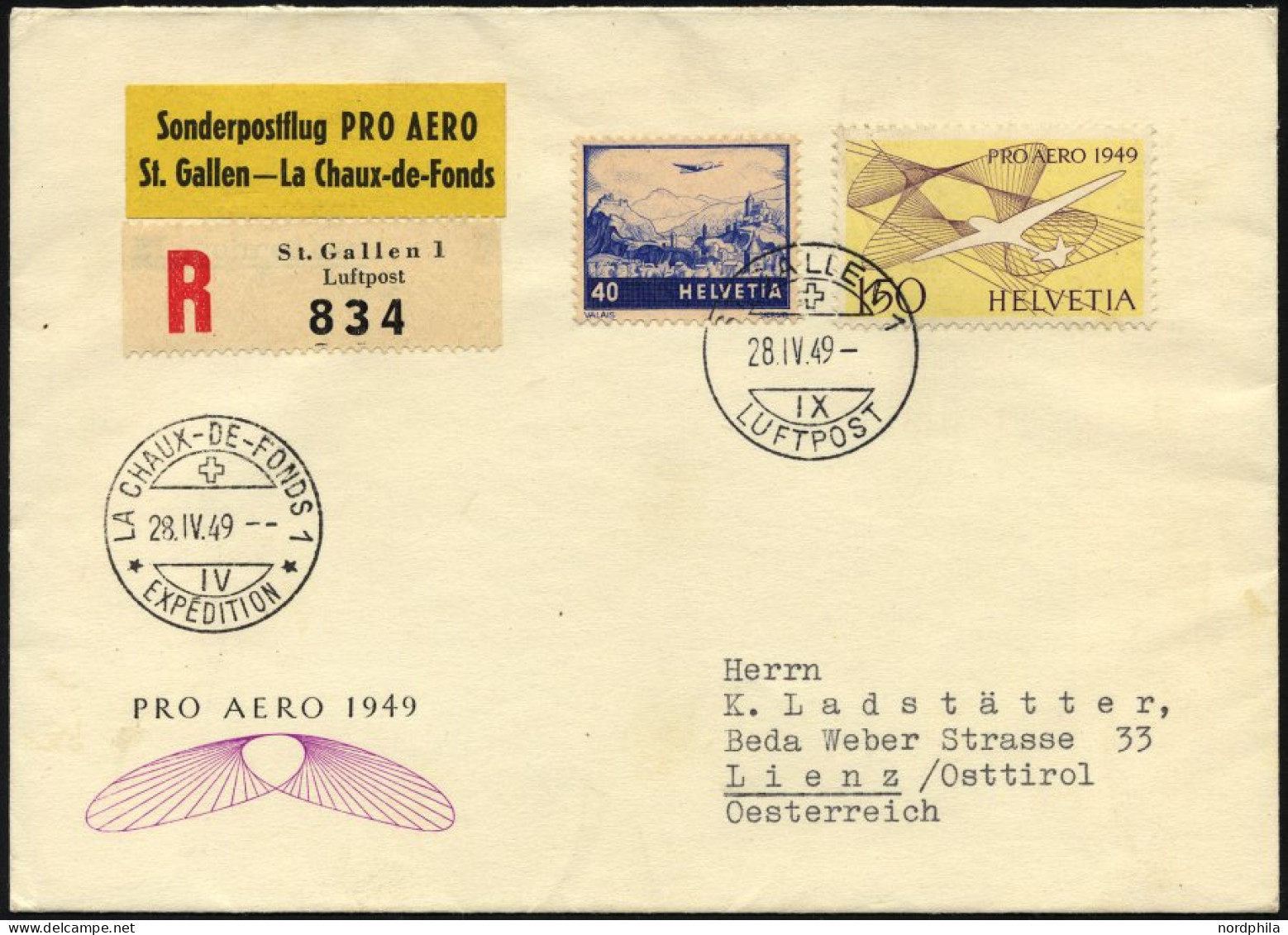 LUFTPOST SF 49.4. BRIEF, 28.4.1949, Pro Aero Sonderflug ST.GALLEN-LA CH`-DE-FONDS, Frankiert Mit U.a. Mi.Nr. 518, Pracht - Eerste Vluchten