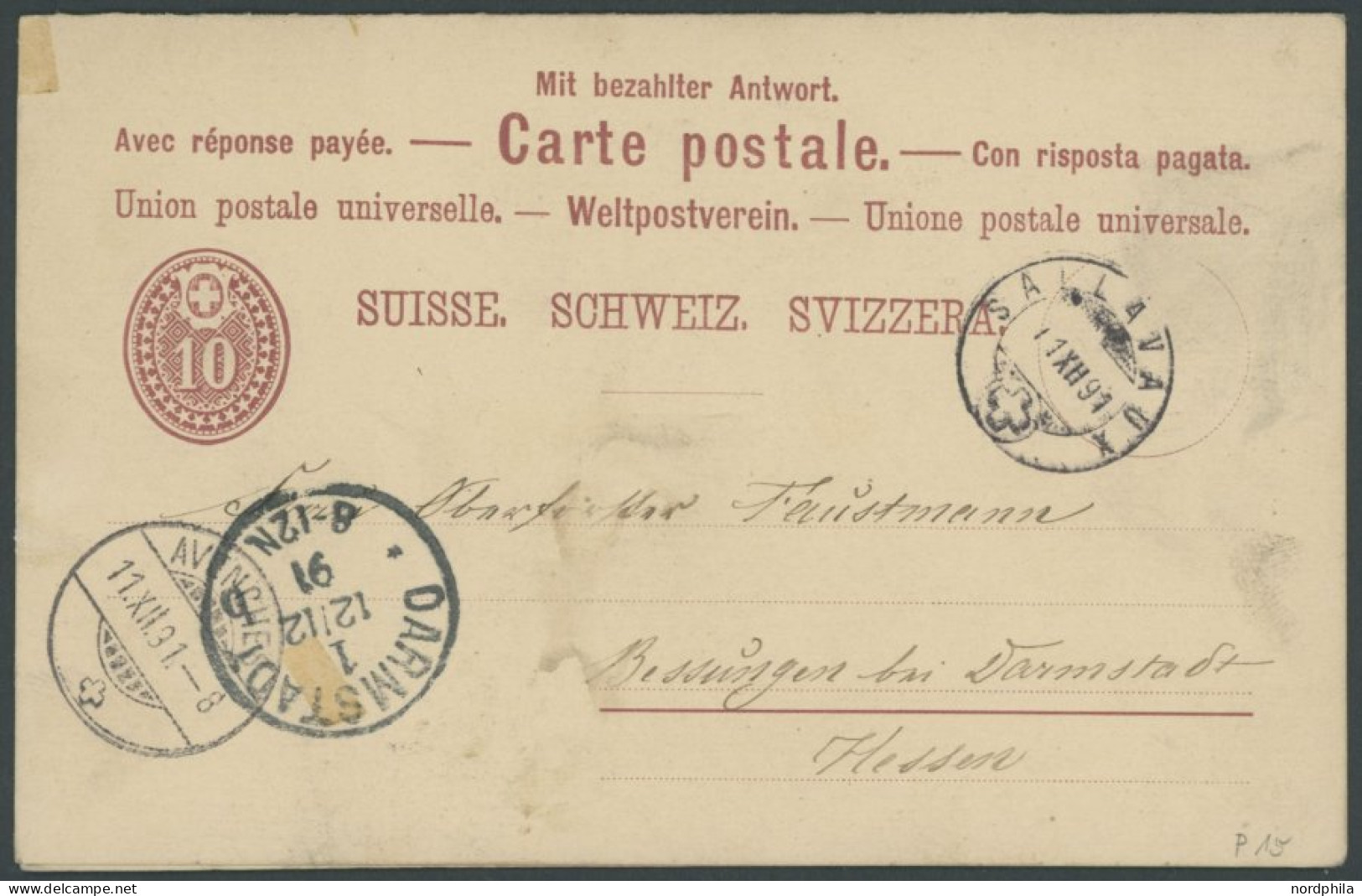 GANZSACHEN P 16 BRIEF, 1885, 5/5 C. Schwarz, Frage- Und Antwortteil Von SALLAVAUX Nach Darmstadt, Feinst - Stamped Stationery