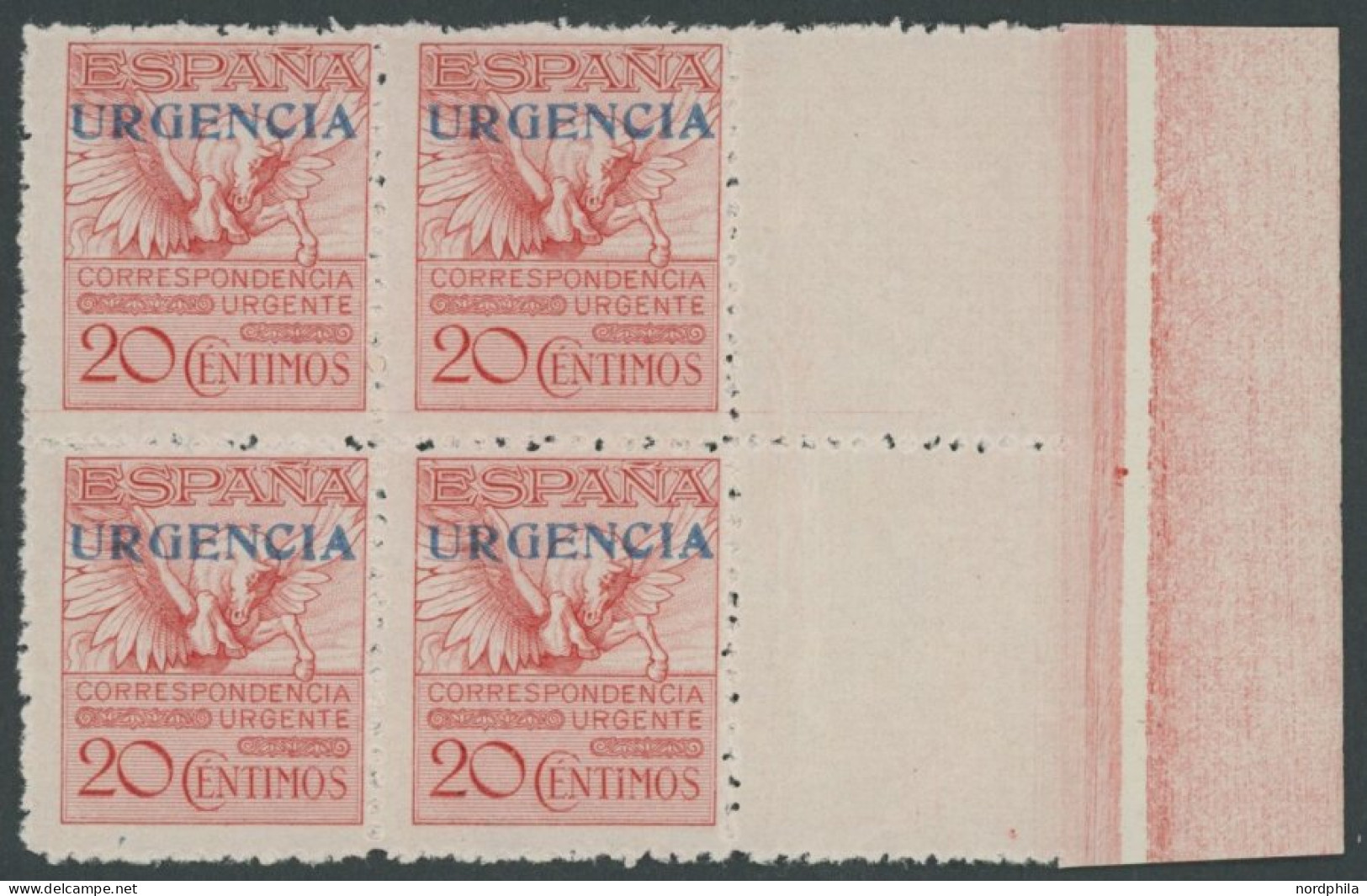 SPANIEN 443A VB , 1930, 20 C. URGENCIA, Gezähnt K 13:121/2, Im Postfrischen Randviererblock, Pracht, Mi. (160.-) - Other & Unclassified