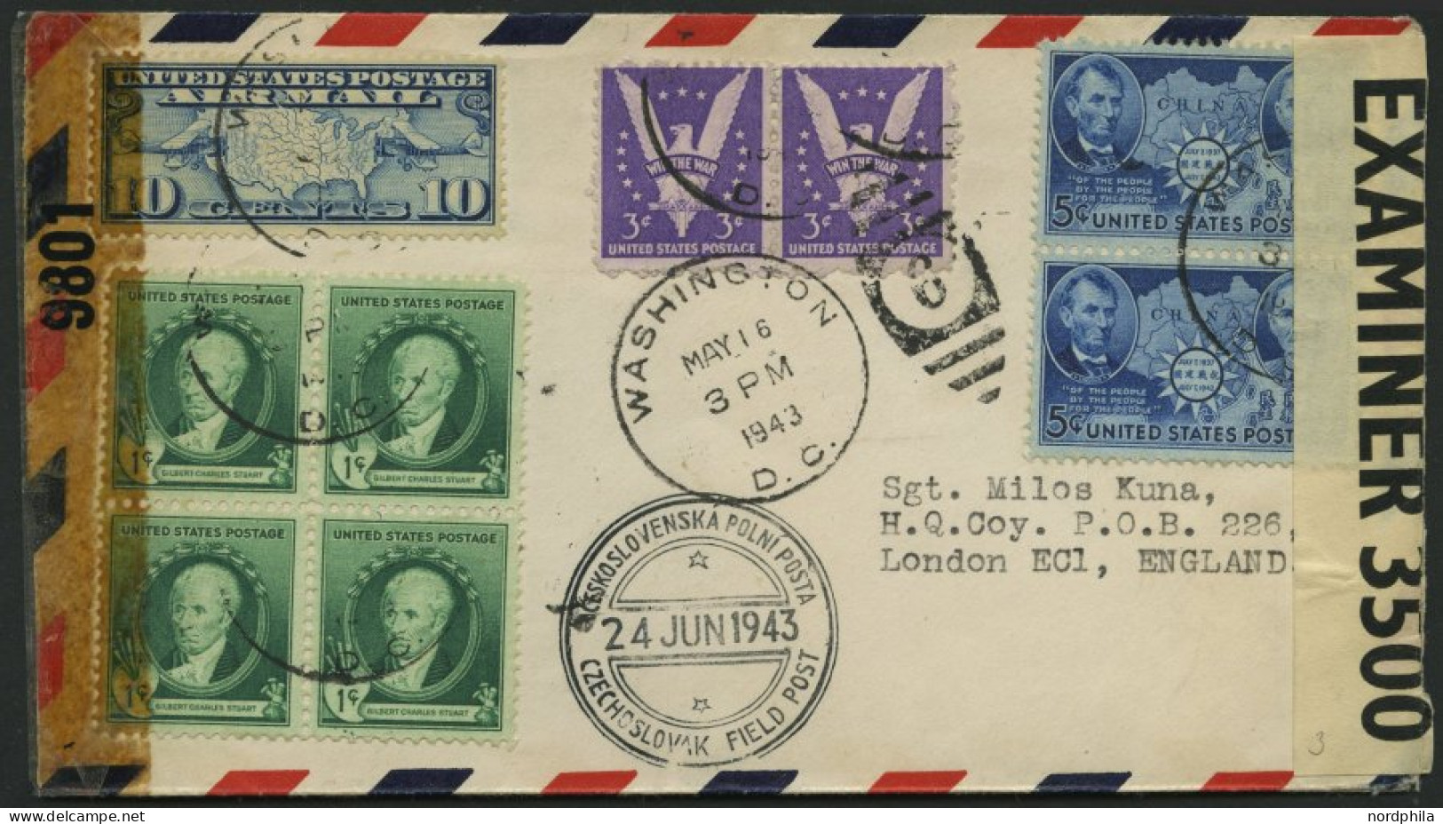 TSCHECHOSLOWAKEI 1943, Luftpostbrief Aus Den USA An Einen Sergant Der Tschechischen Armee In London, Geöffnet Von Amerik - Sonstige & Ohne Zuordnung