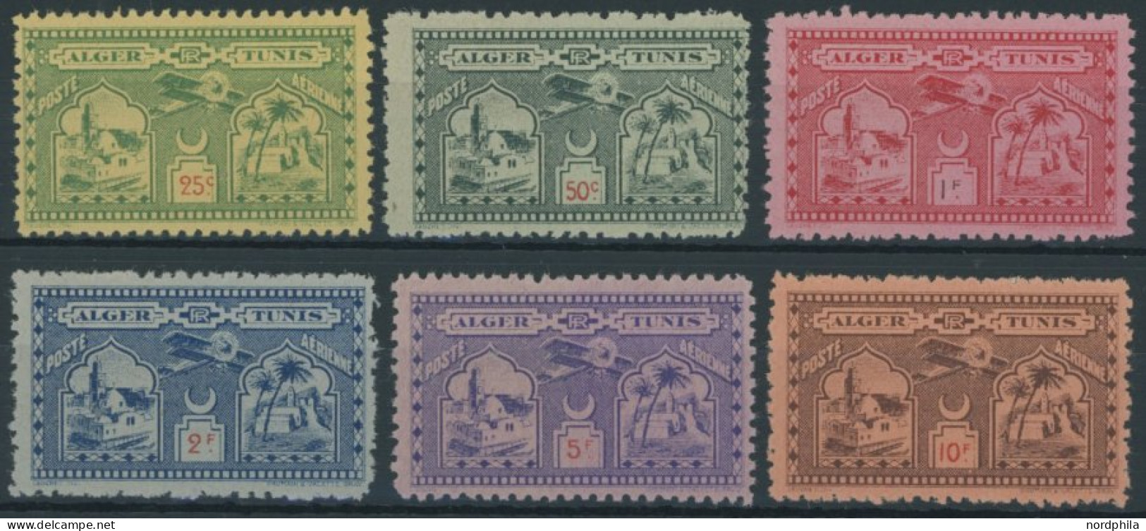 ALGERIEN , 1928, 25 - 10 Fr. Flugpost-Vignetten Alger-Tunis, 6 Postfrische Prachtwerte - Algerien (1962-...)