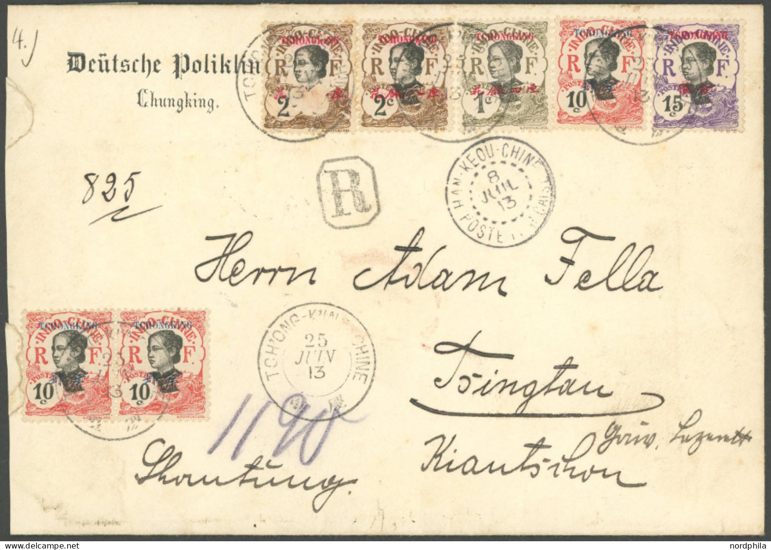 FRANZÖSISCH-INDOCHINA 1913, Einschreibbrief Mit Dekorativer Buntfrankatur Mit Vorderseitigen Absendereindruck Deutsche P - Andere & Zonder Classificatie