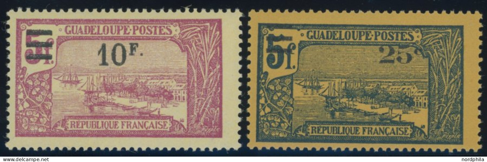 GUADELOUPE 94/5 , 1924, 10 Fr. Auf 5 Fr. Lilarot Auf Gelb Und 20 Fr. Auf 5 Fr. Lilarosa Auf Rosa, Postfrisch, 2 Prachtwe - Sonstige & Ohne Zuordnung