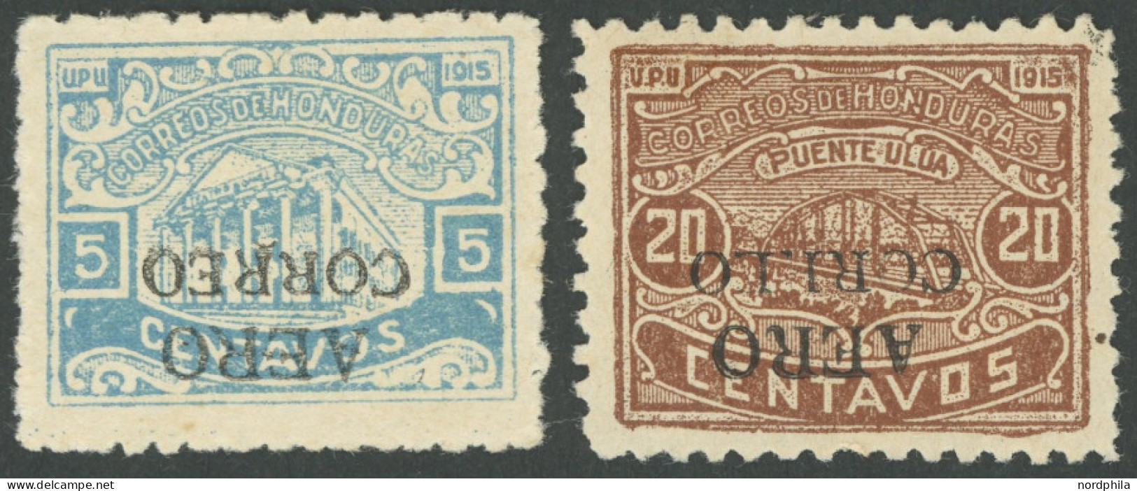 HONDURAS 183aK,185aK , 1925, 5 Und 20 C. AEREO CORREO Mit Kopfstehenden Schwarzen Aufdrucken, Falzreste, Pracht - Honduras