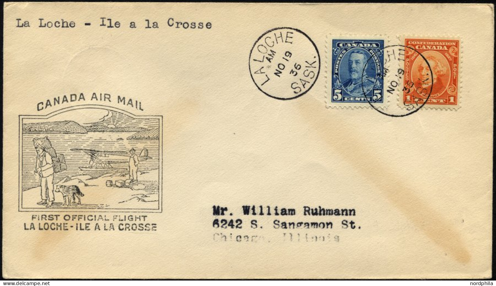 KANADA 118,147 BRIEF, 19.11.1936, Erstflug LA LOCHE-ILE A LA GROSSE (Teiletappe), Brief Feinst, Müller 286a - First Flight Covers