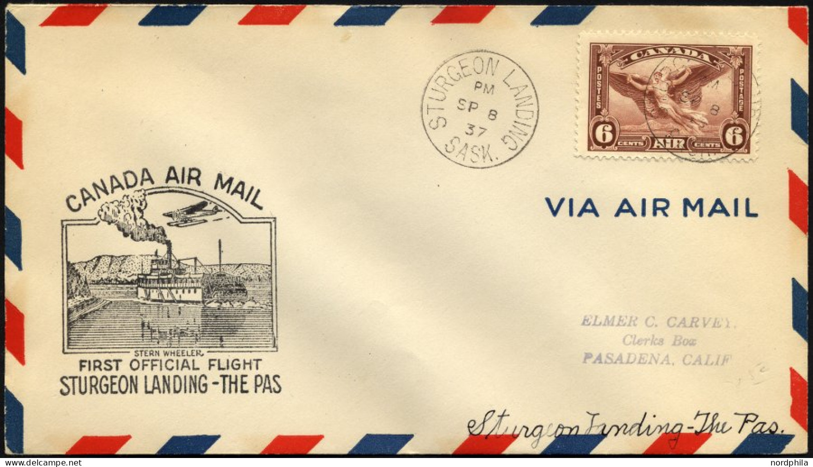 KANADA 196 BRIEF, 8.9.1937, Erstflug STURGEON LANDING-THE PAS, Prachtbrief - Poste Aérienne