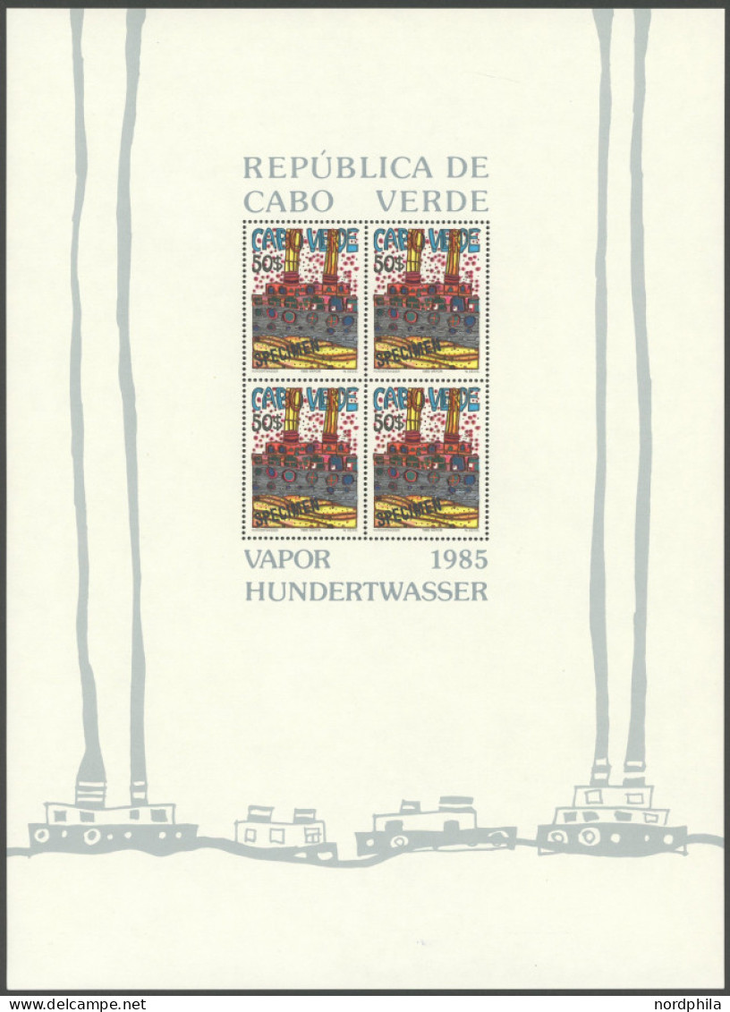 KAP VERDE Bl. 7-9SP , 1985, Hundertwasser, Alle Drei Blocks Mit Aufdruck SPECIMEN, Seltene Mustergarnitur, Die Nur In We - Islas De Cabo Verde