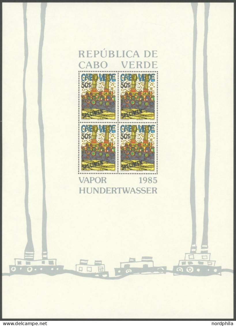 KAP VERDE Bl. 7-9SP , 1985, Hundertwasser, Alle Drei Blocks Mit Aufdruck SPECIMEN, Seltene Mustergarnitur, Die Nur In We - Islas De Cabo Verde