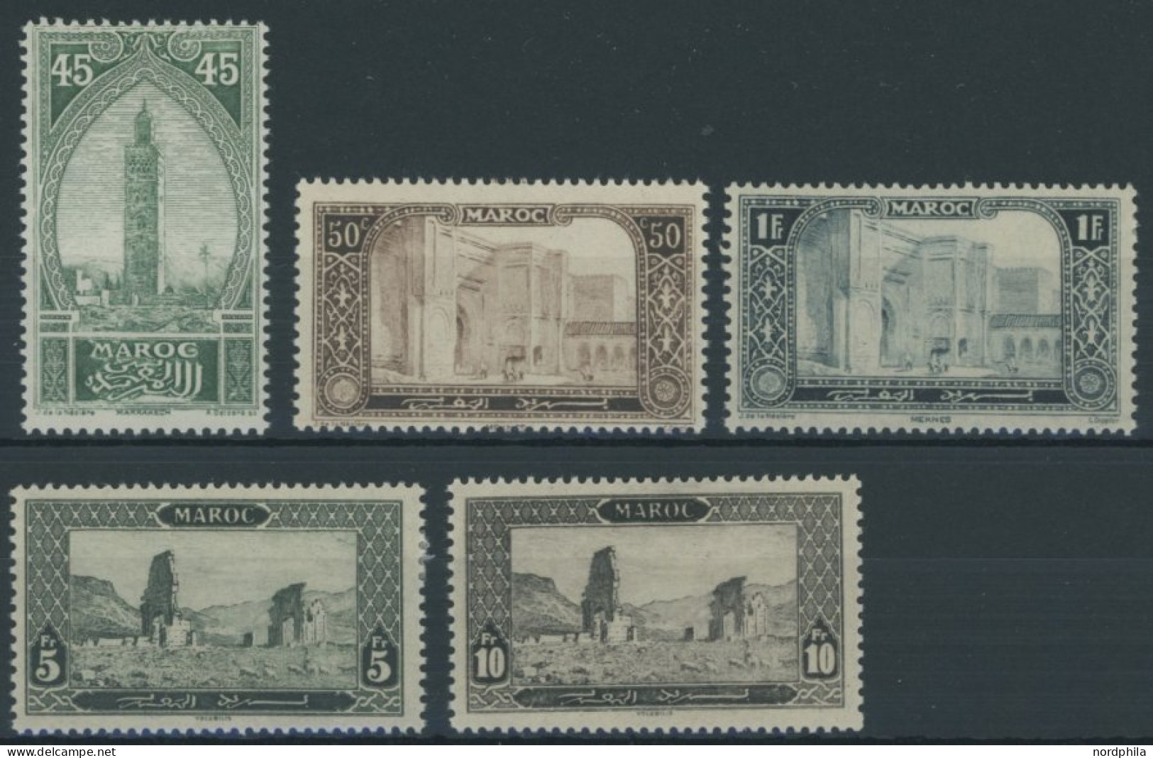 MAROKKO 32-34,36/7 , 1917, 45 C. - 1 Fr., 5 Und 10 Fr. Baudenkmäler, StTdr., Falzrest, 5 Prachtwerte, Mi. 132.50 - Maroc (1956-...)