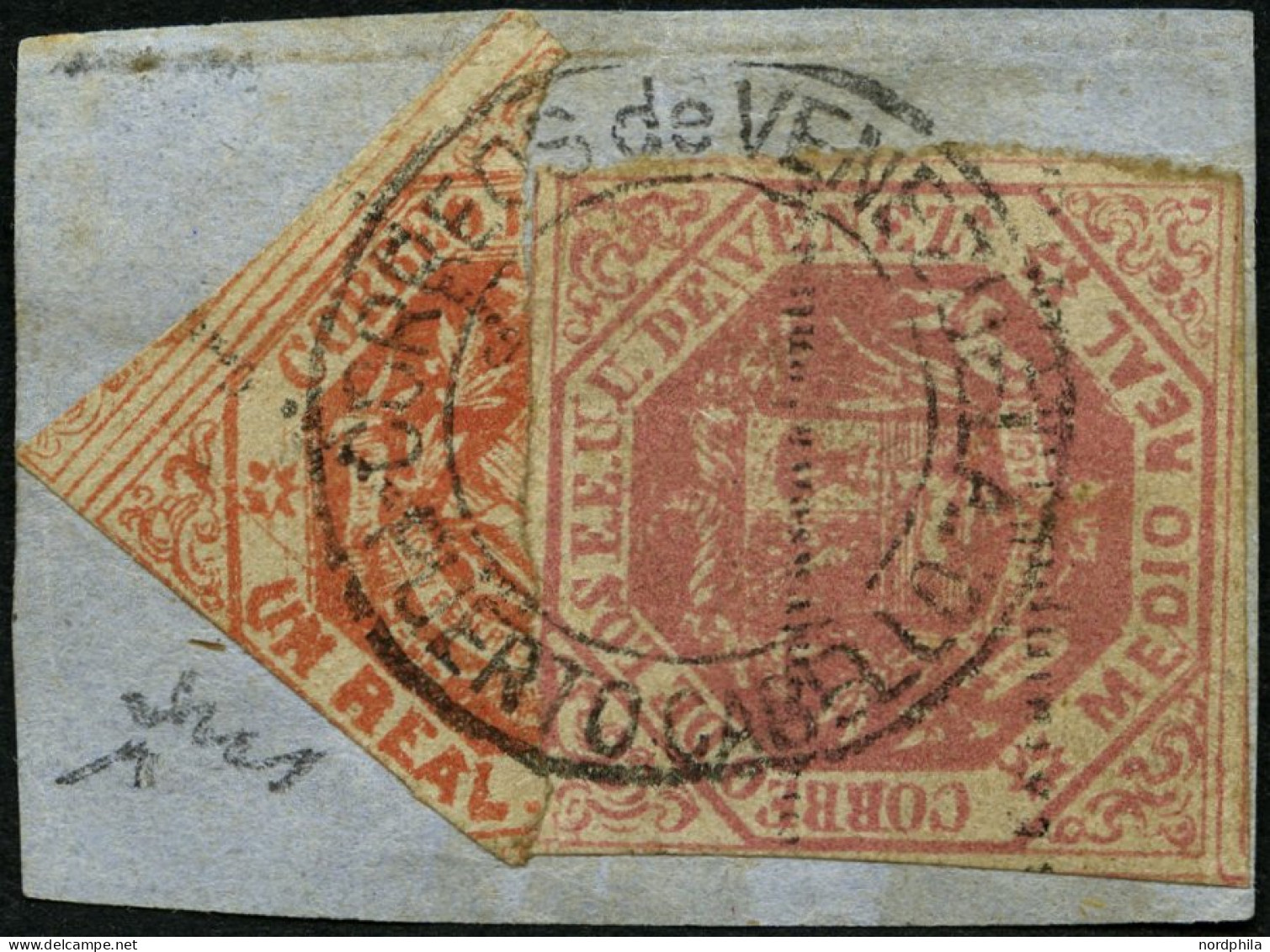 VENEZUELA 20,21H BrfStk, 1873, 1 R. Rot, Diagonal Halbiert Und 1/2 R. Lilarosa, üblich Gerandet Auf Briefstück, K2 PUERT - Venezuela