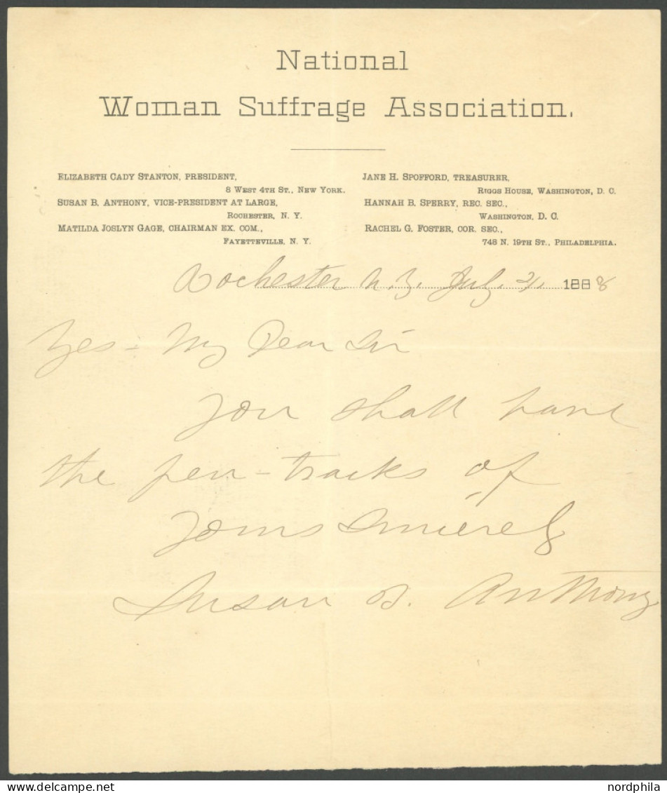 SAMMUNGEN, LOTS 1888, Briefbogen Der National Woman Suffrage Association Mit Aufgeführten Vorstandsmitgliedern, Geschrie - Verzamelingen