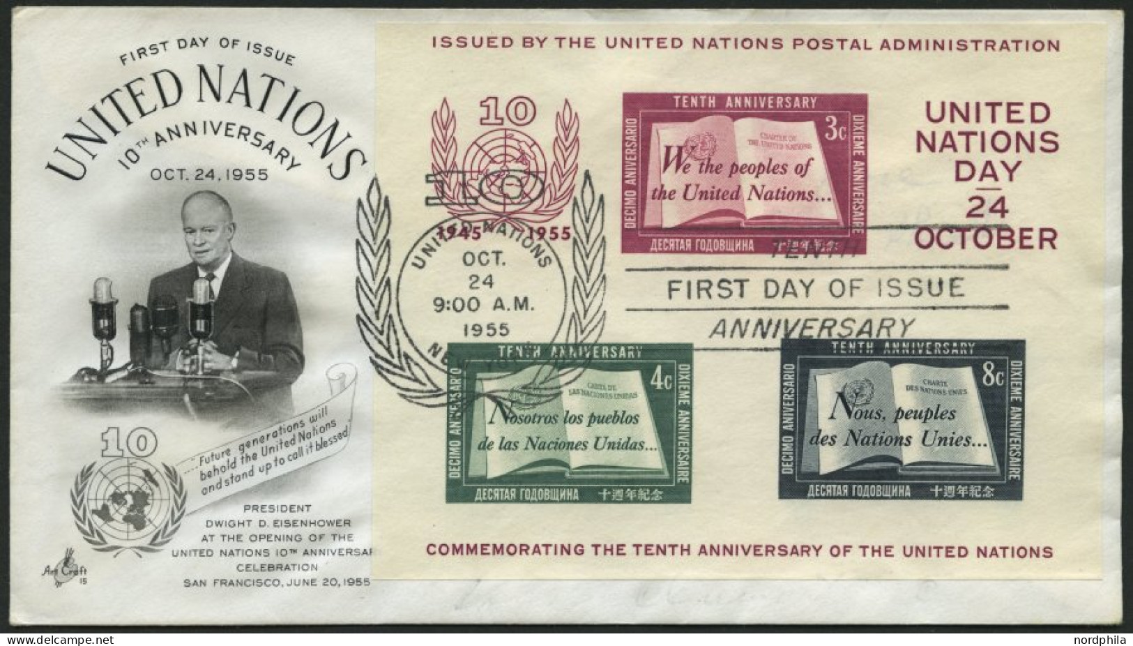 UNO NEW YORK Bl. 1I BRIEF, 1955, Block 10 Jahre Vereinte Nationen Auf FDC, Pracht - VN