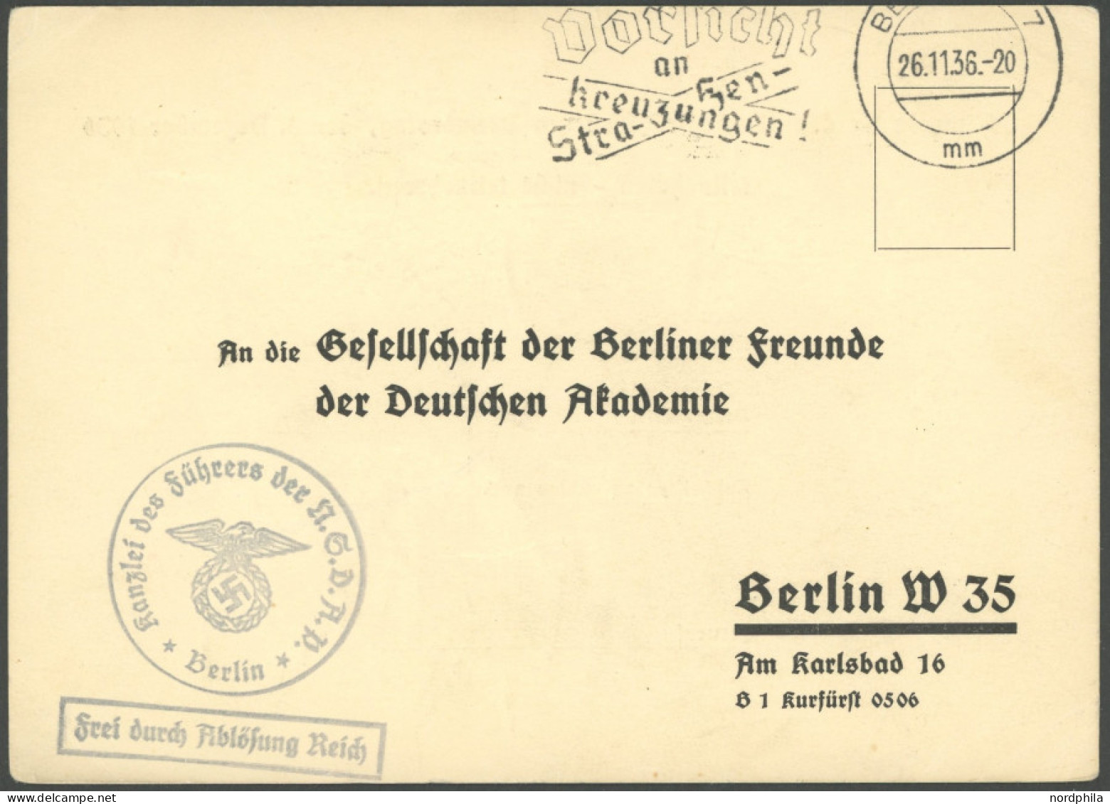 Dt. Reich 1936, Philipp Bouhler (1899-1945), NSDAP Reichsleiter, Vordruckkarte Mit Absage An Dem Wochenfrühstück Der Ges - Otros & Sin Clasificación