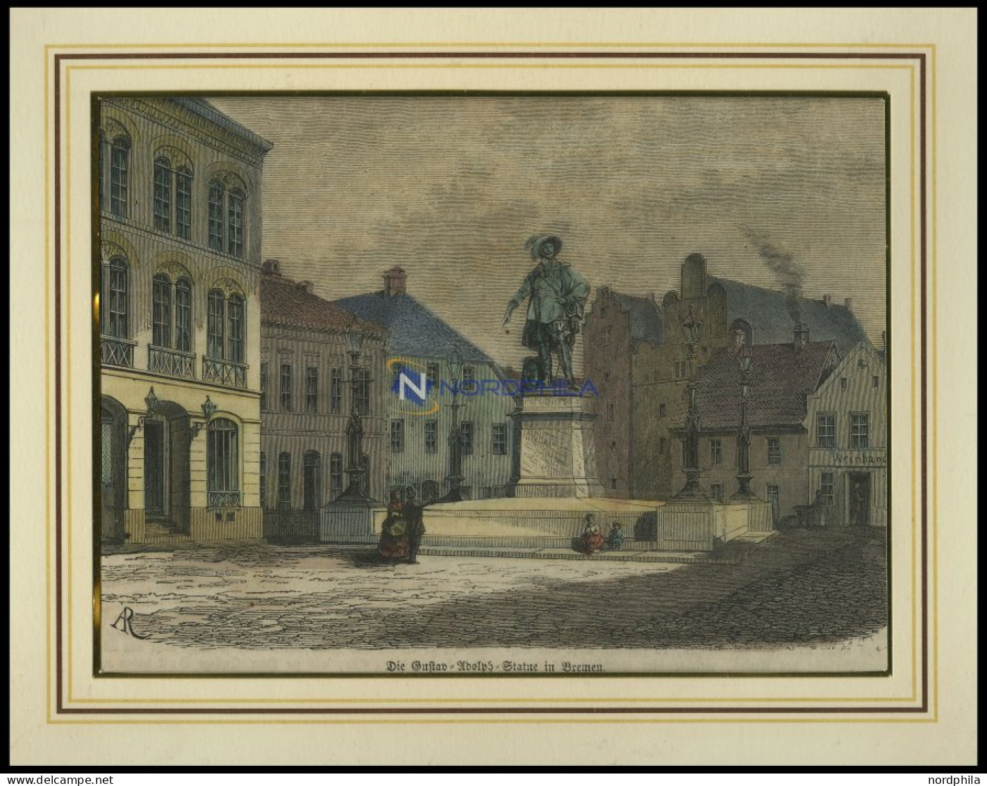 BREMEN: Die Gustav-Adolf-Statue, Kolorierter Holzstich Um 1880 - Prenten & Gravure