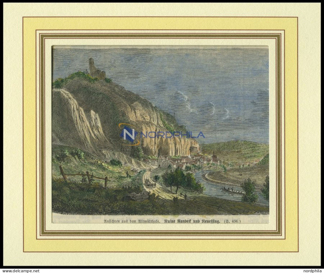 ESSING, Gesamtansicht Mit Ruine Randeck, Kolorierter Holzstich Von 1868 - Prenten & Gravure