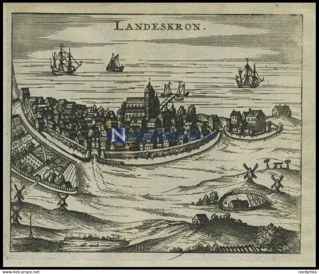 LANDSKRONA, Gesamtansicht Mit Reizender Schiffsstaffage, Kupferstich Von Zeiller 1655 - Lithographies