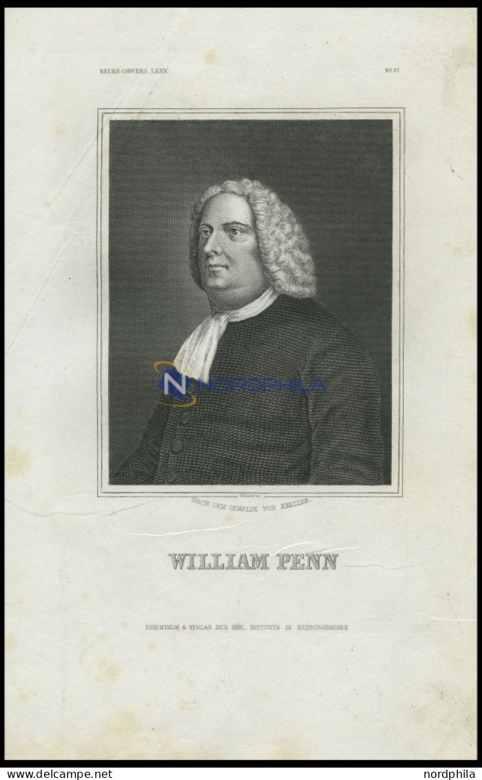 William Penn, Gründer Der Kolonie Pennsylvana (USA), Stahlstich Von B.I. Um 1840 - Lithografieën