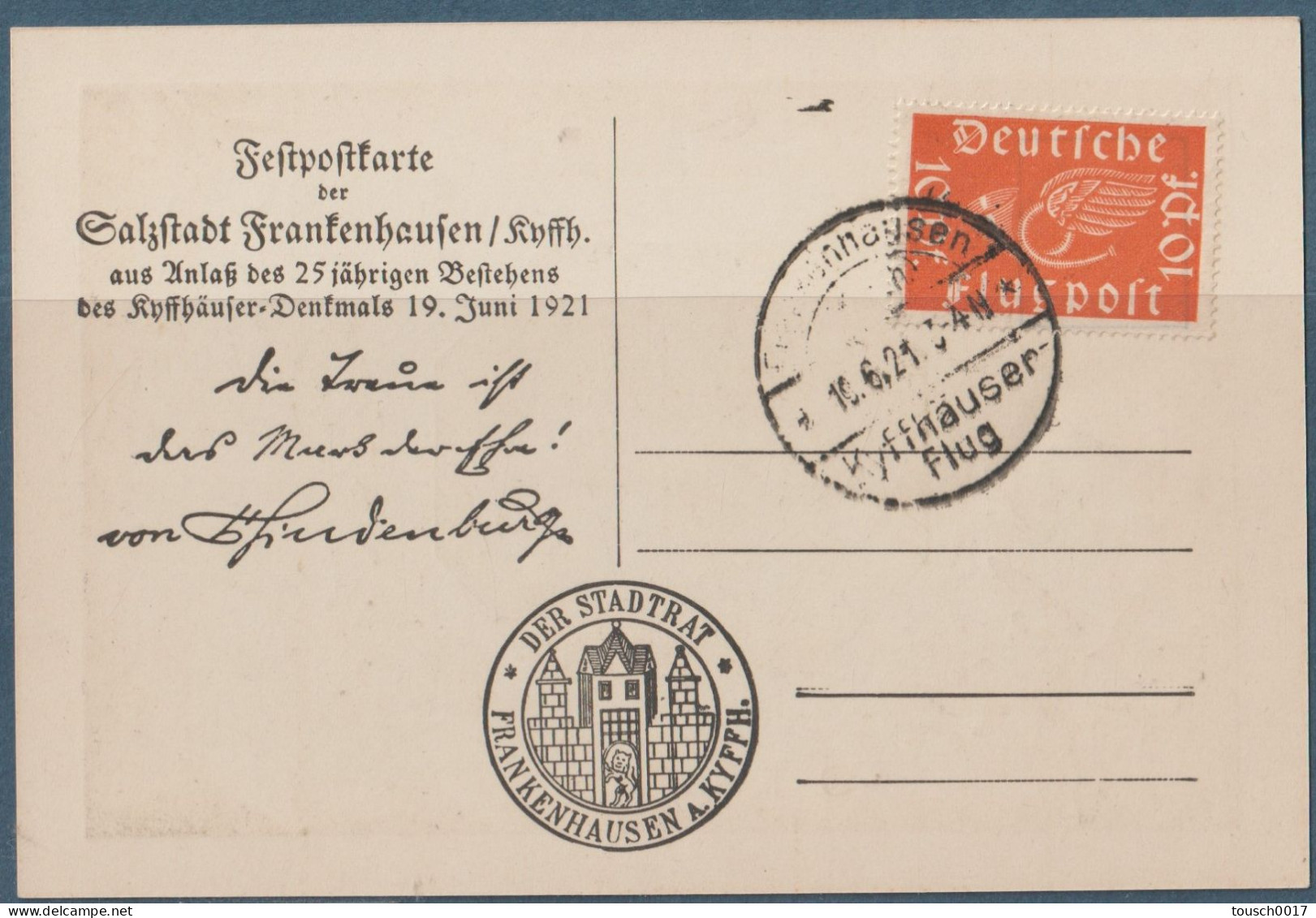 FESTPOSTKARTE FRANKENHAUSEN KYFFHÄUSER-FLUG 1921 Deutsche Luftpost - Bad Frankenhausen