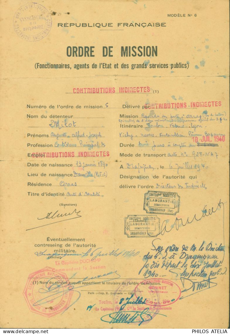 Guerre 40 République Française Ordre De Mission Fonctionnaires Agents De L'Etat Contributions Indirectes Laissez Passer - Oorlog 1939-45