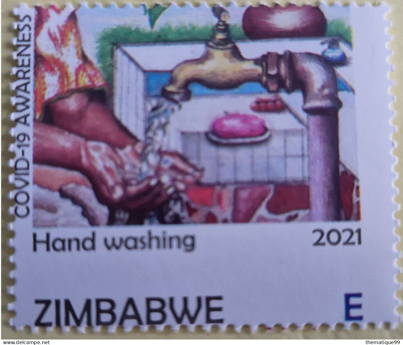 Timbre Du Zimbabwe Avec Variété De Piquage à Cheval, Covid Lavement Des Mains, Savon Eau - Enfermedades