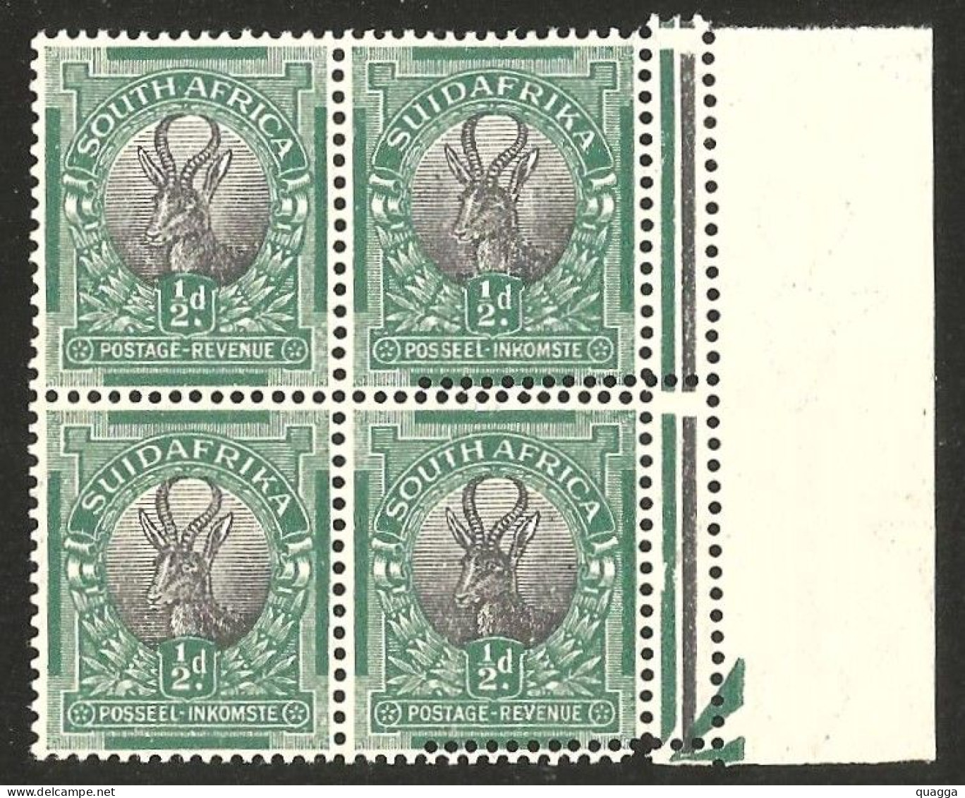 South Africa 1926. ½d DOUBLE STRIKE OF PERFS (UHB 33 V16). SACC 29P Var, SG 30P Var. - Unused Stamps