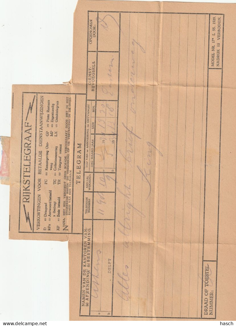 1825 A 44 Telegram Uit 1934 Via Hollandradio Naar Delft - Telegramzegels