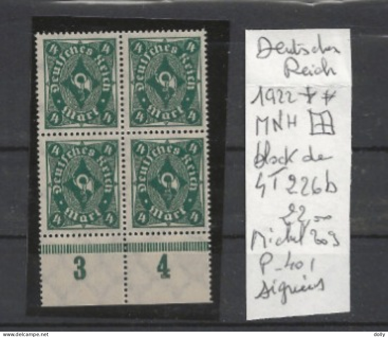 TIMBRE D ALLEMAGNE  DEUTSCHES REICH  1922 Nr BLOCK DE 4 TIMBRES  226 B ++ MNH COTE 22,00  € - 1922-1923 Local Issues