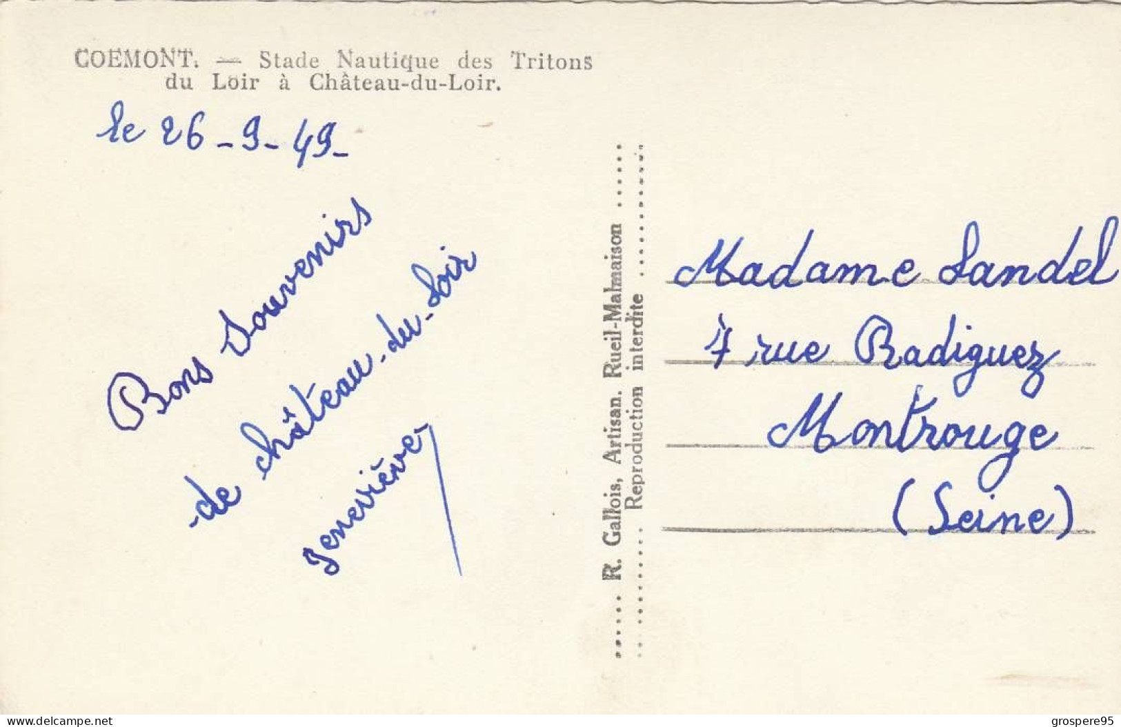 COEMONT STADE NAUTIQUE DES TRITONS DU LOIR A CHATEAU DU LOIR 1949 - Other & Unclassified