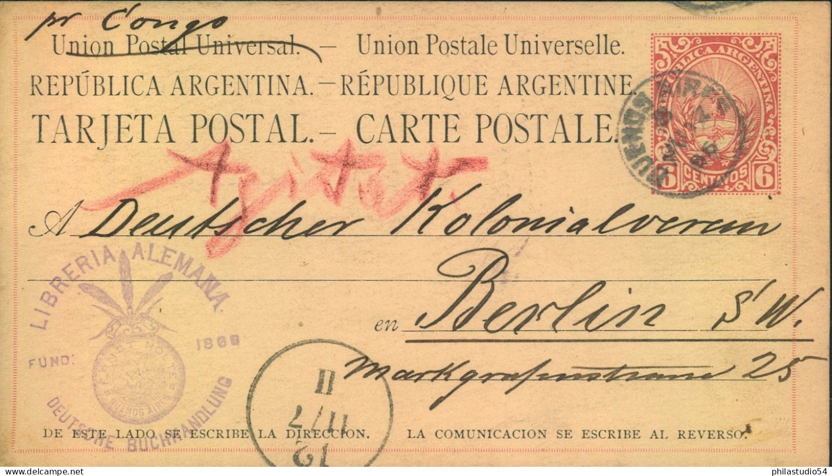 1886, 6 C. Stationery Card From BUENOS AIRES "via Cono" To Berlin. - Cartas & Documentos