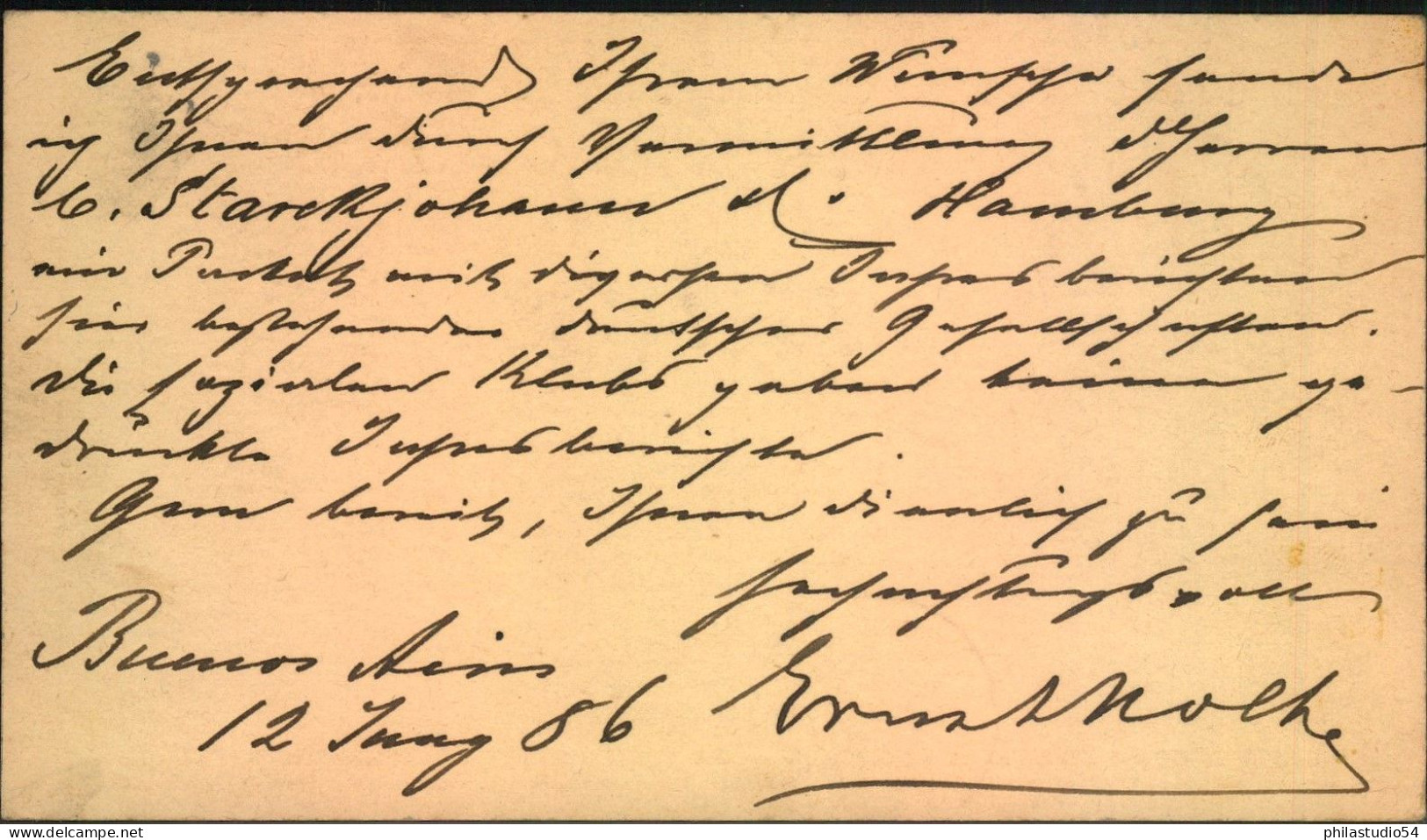 1886, 6 C. Stationery Card From BUENOS AIRES "via Cono" To Berlin. - Brieven En Documenten