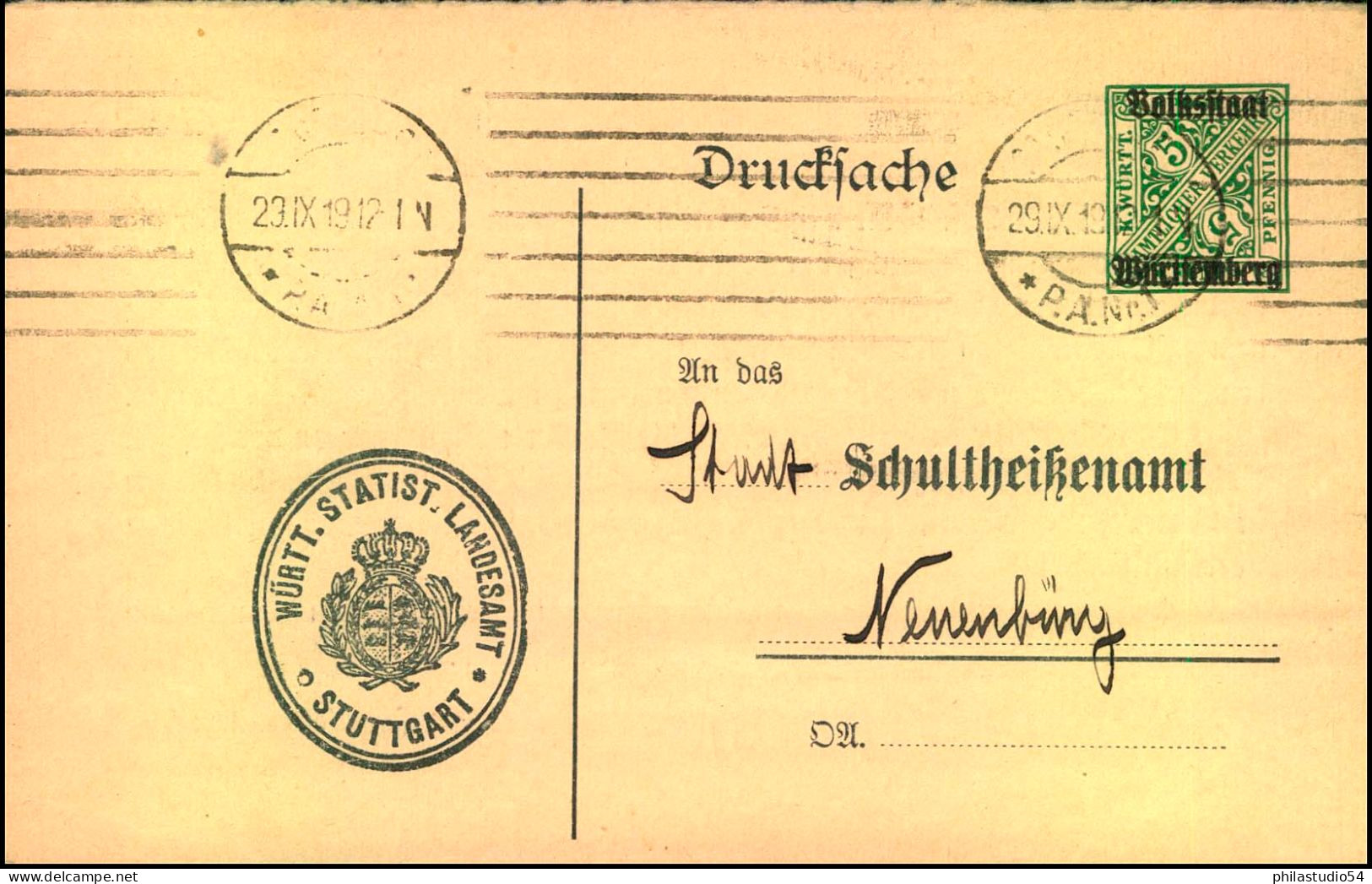 Fragekarte Mit Wertstempel 5 Pfg. ""Volksstaat"", Absender ""Wütt. Statist. Landesamt Stuttgart"" An - Postal  Stationery