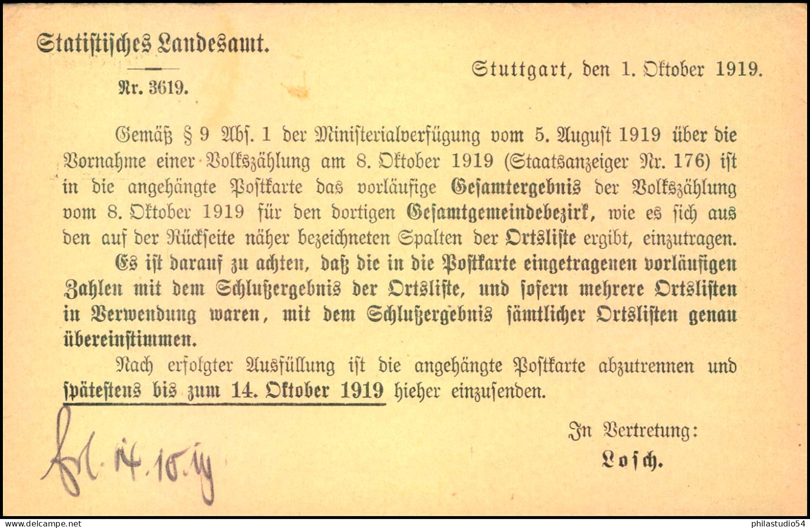 Fragekarte Mit Wertstempel 5 Pfg. ""Volksstaat"", Absender ""Wütt. Statist. Landesamt Stuttgart"" An - Postal  Stationery