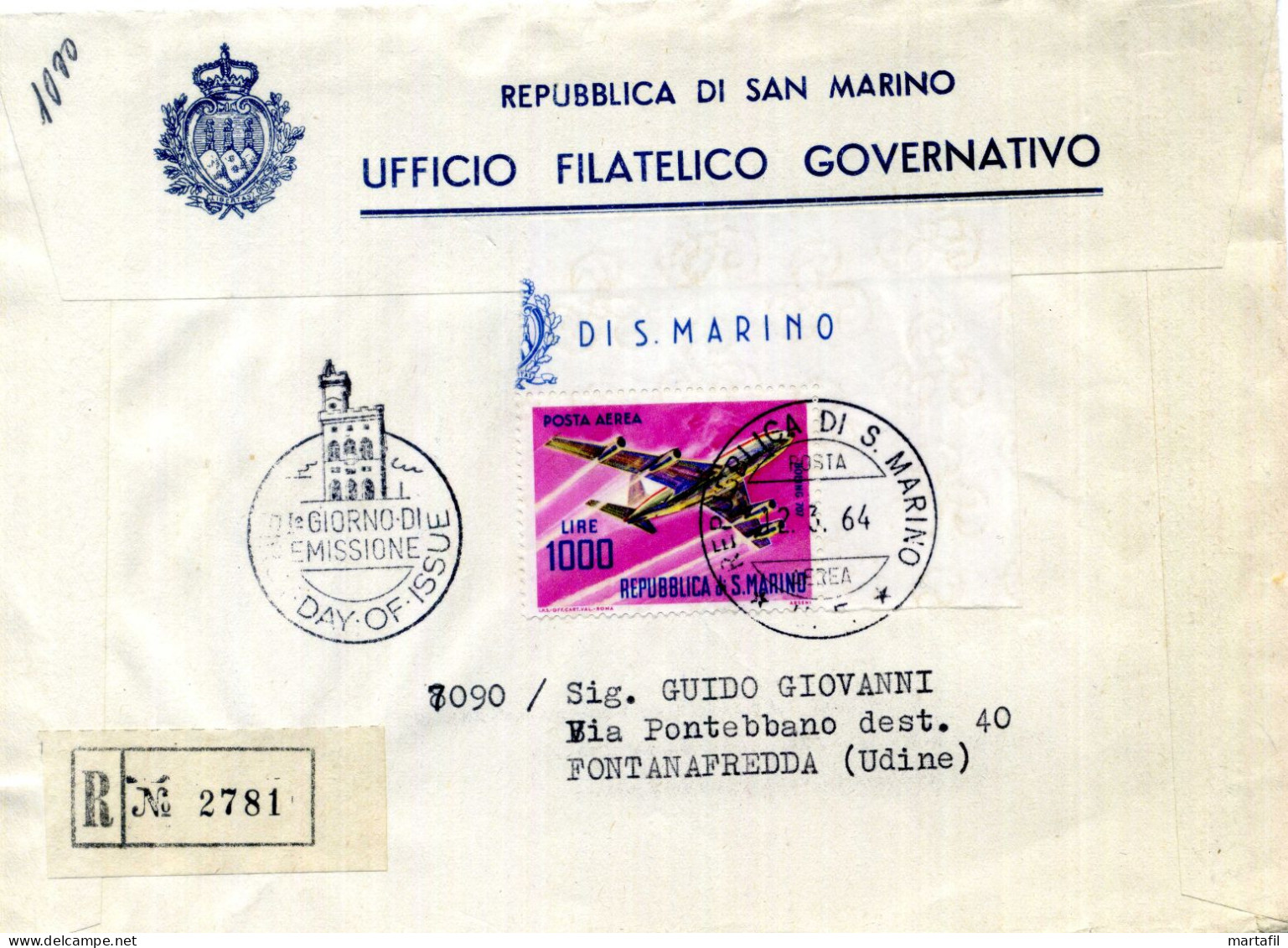 1964 SAN MARINO FDC Posta Aerea Aerei Moderni 1000 Lire Boeing 707 - FDC