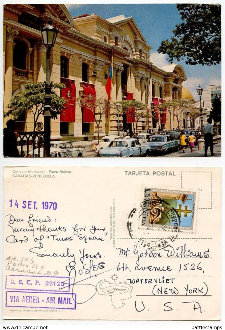 Venezuela 1970 Postcard Caracas - Concejo Municipal - Plaza Bolivar; Scott 969 - 35c. Pastoral Cross - Venezuela