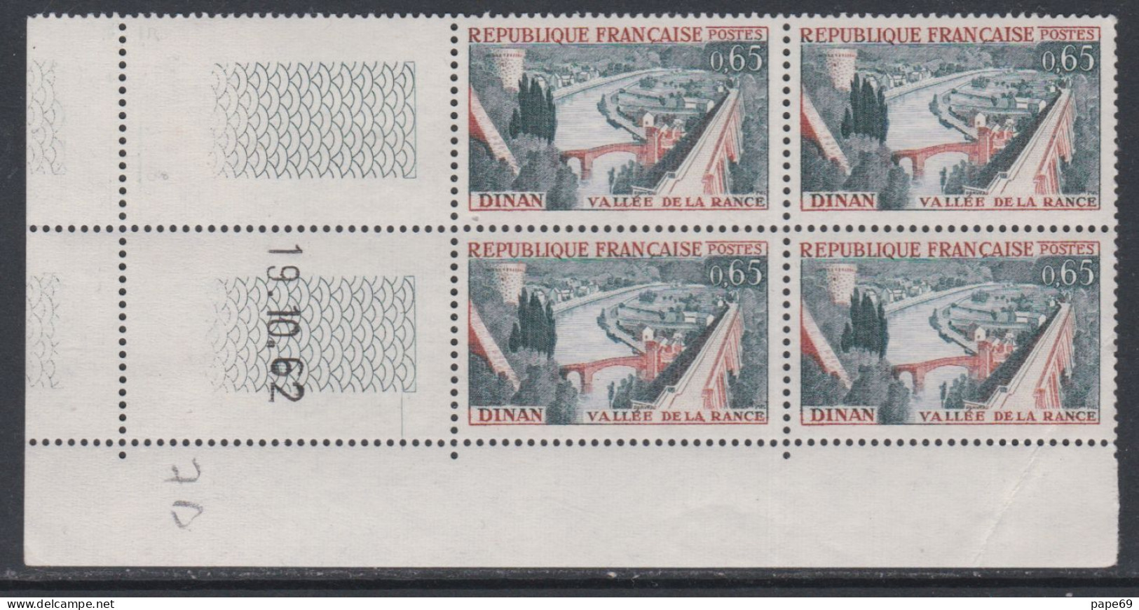 France N° 1315 XX : Sites : Dinan En Bloc De 4 Coin Daté Du 19 . 10 . 62 : 1 Trait Sans Charnière TB - 1960-1969