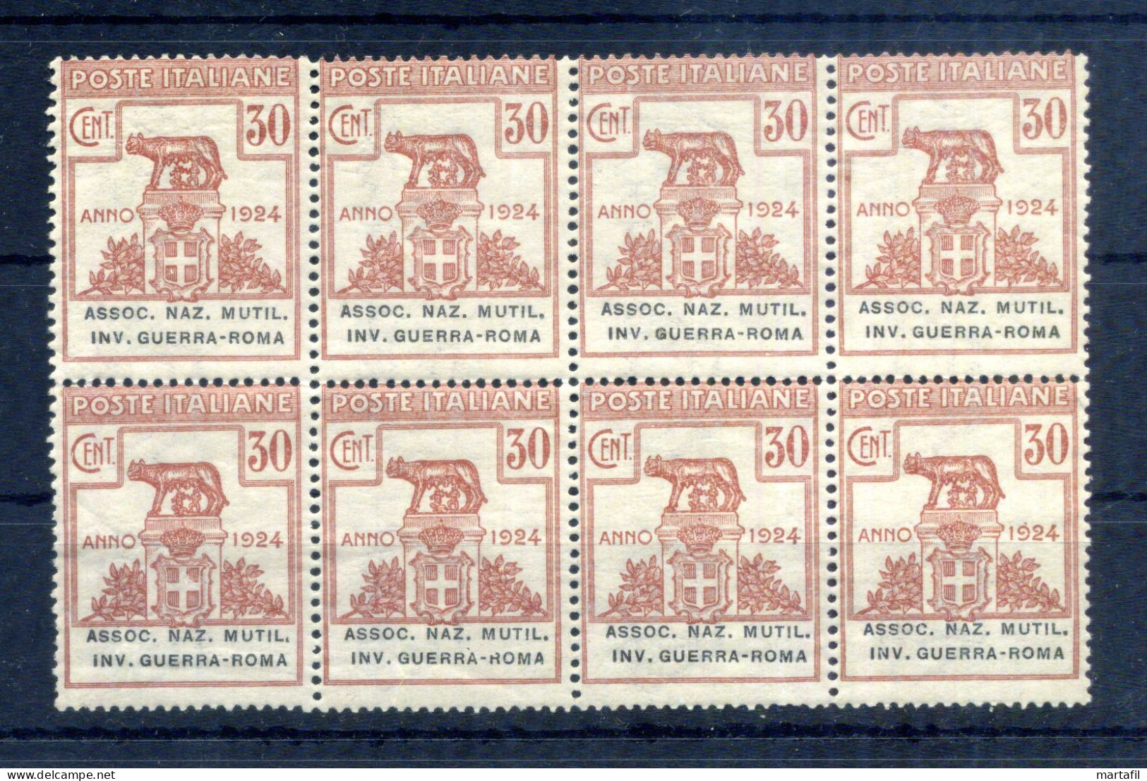 1924 REGNO Enti Parastatali "Assoc. Naz. Mutil. Inv. Guerra Roma" N.8 MNH ** 30 Centesimi Blocco Di 8 - Nuevos