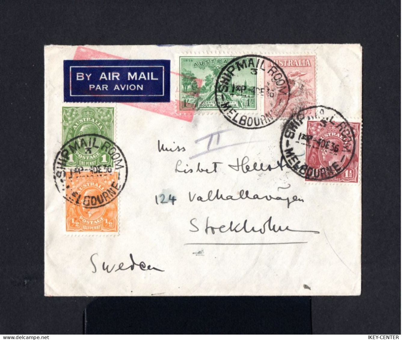 S80-AUSTRALIA.SHIP AIRMAIL COVER MELBOURNE To STOCKHOLM (sweden).1936.WWII.Brief.ENVELOPPE AERIEN AUSTRALIE - Cartas & Documentos