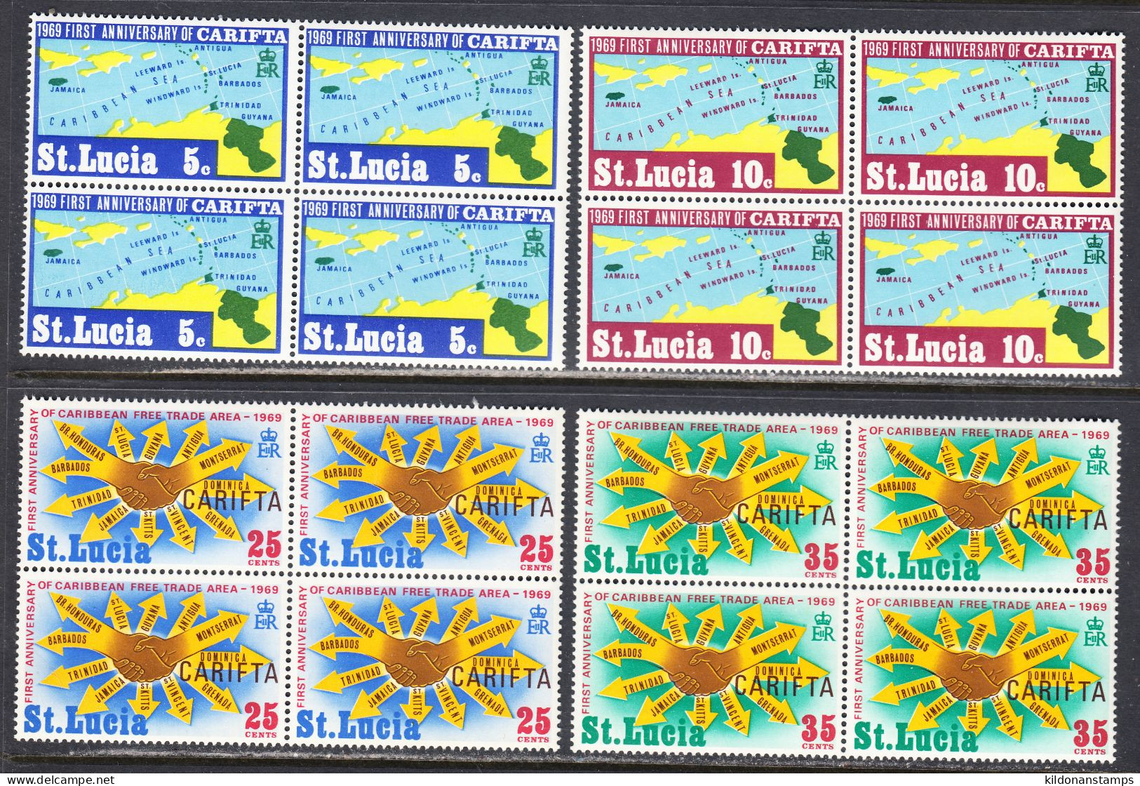 St. Lucia 1967-69 Mint No Hinge, Blocks, Sc# 227-228,231-234,249-252 ,SG - St.Lucia (...-1978)