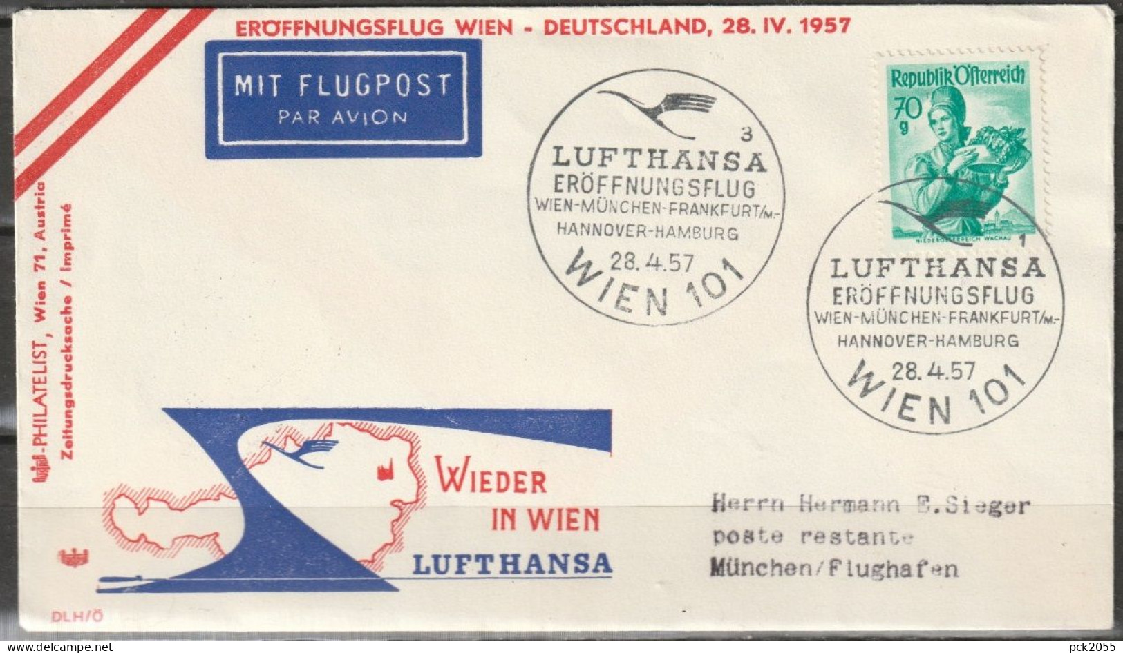 BRD Flugpost /Erstflug Convair CV-440 Wien - München 28.4.1957 Ankunftstempel 28.4.57 (FP 236) - First Flight Covers