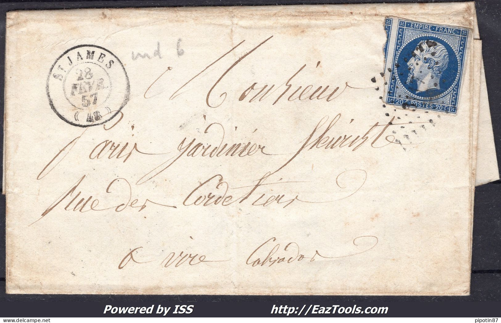 FRANCE N°14A SUR LETTRE AVEC PC 3117 SAINT JAMES MANCHE + CAD DU 28/02/1857 - 1853-1860 Napoleon III