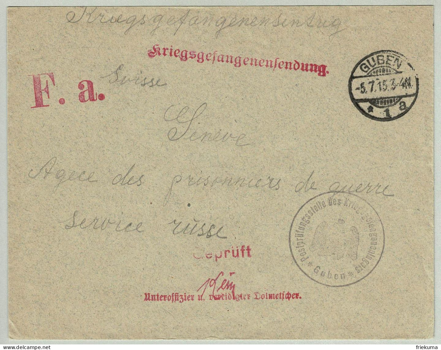 Deutsches Reich 1915, Kriegsgefangenensendung Lager Guben - Agentur Für Kriegsgefangene / Prisoners Of War Agency Genève - Kriegsgefangenenpost