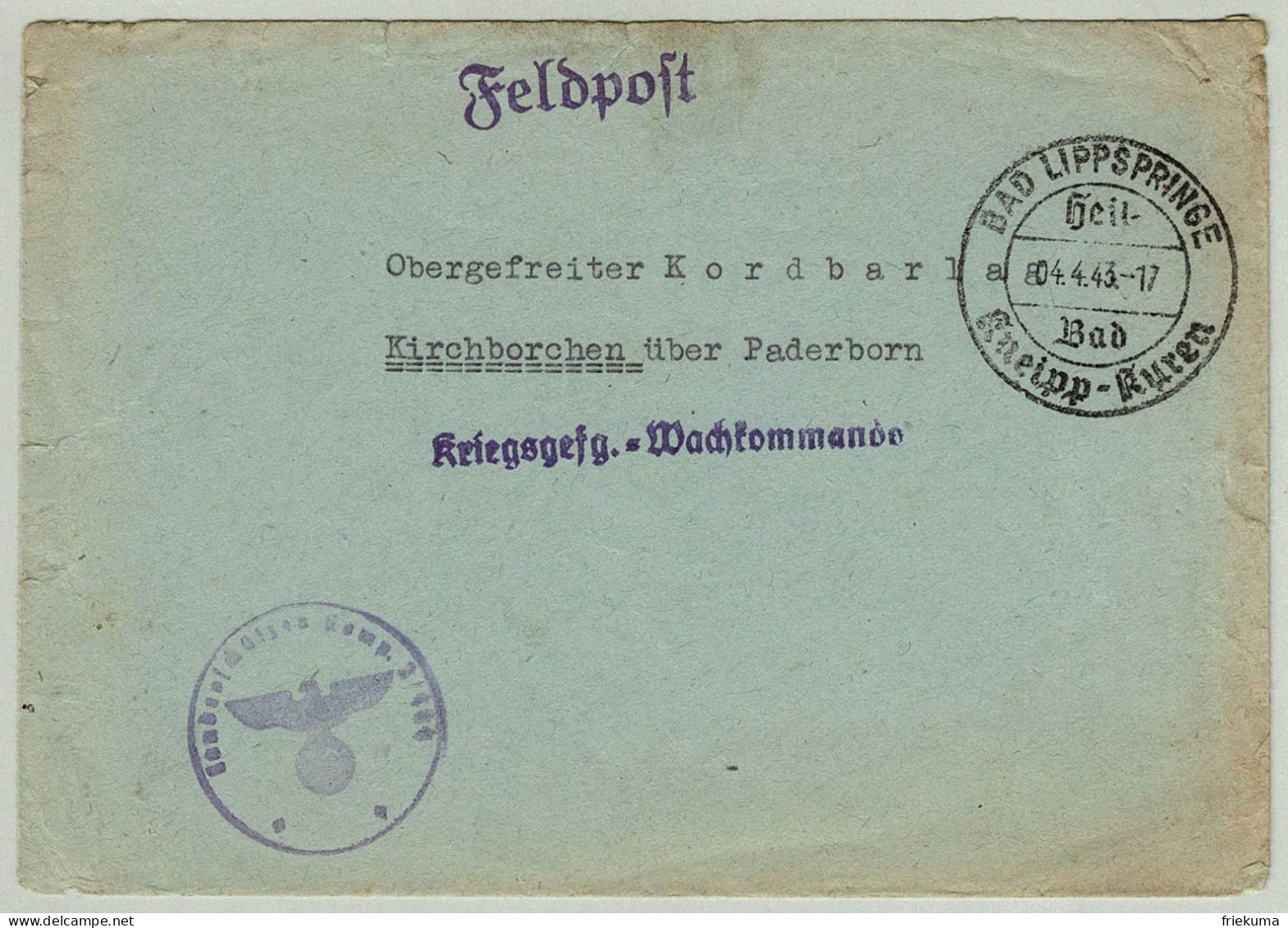 Deutsches Reich 1943, Brief Feldpost Kriegsgefangenenpost Bad Lippspringe - Kirchborchen, Kneipp-Kuren - Prisoners Of War Mail