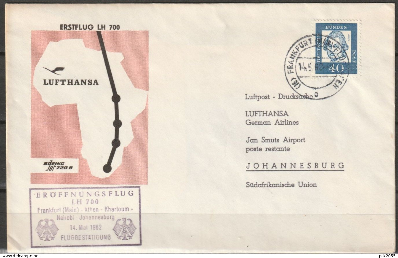 BRD Flugpost /Erstflug Boeing 720B LH 700 Frankfurt - Johannesburg 14.5.1962 Ankunftstempel 15.5.62 (FP 239) - Premiers Vols